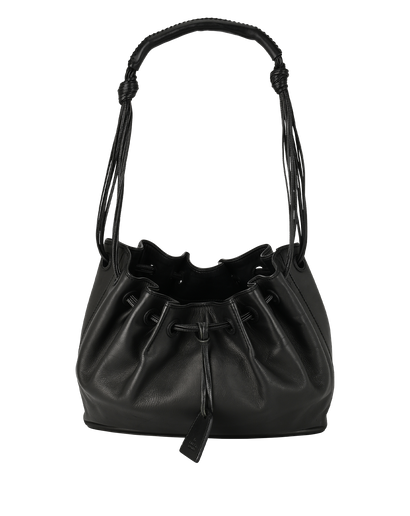 Drawstring Shoulder Bag, &pound;320, Handbags, Black, Leather, Front view